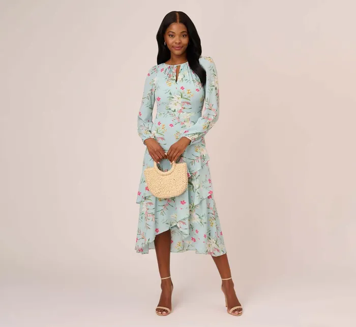 Adrianna Papell Floral Print Stretch Chiffon Tiered Ruffled MidiLength Dress In Mint Smoke Mint Smoke Women Floral Dresses Adrianna Papell Floral Print Stretch Chiffon Tiered Ruffled MidiLength Dress In Mint Smoke Mint Smoke Women Floral Dresses