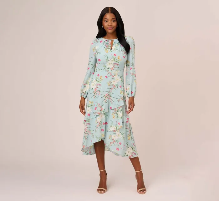 Adrianna Papell Floral Print Stretch Chiffon Tiered Ruffled MidiLength Dress In Mint Smoke Mint Smoke Women Floral Dresses Adrianna Papell Floral Print Stretch Chiffon Tiered Ruffled MidiLength Dress In Mint Smoke Mint Smoke Women Floral Dresses