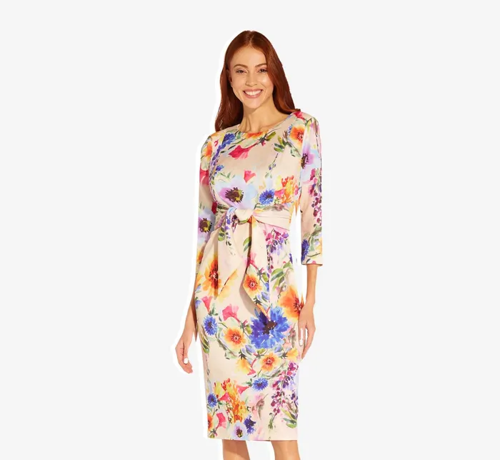 Adrianna Papell FloralPrint Tie Front MidiLength Sheath Dress In Praline Multi Praline Multi Women Midi Dresses Adrianna Papell FloralPrint Tie Front MidiLength Sheath Dress In Praline Multi Praline Multi Women Midi Dresses