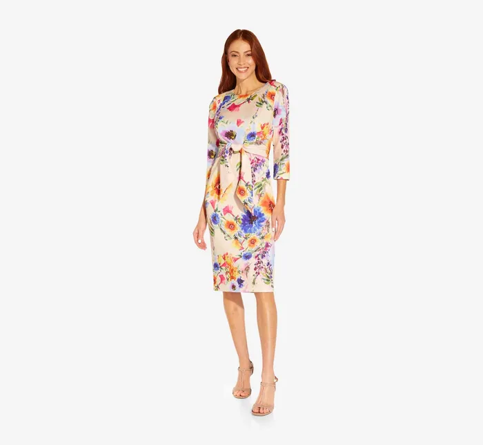 Adrianna Papell FloralPrint Tie Front MidiLength Sheath Dress In Praline Multi Praline Multi Women Midi Dresses Adrianna Papell FloralPrint Tie Front MidiLength Sheath Dress In Praline Multi Praline Multi Women Midi Dresses