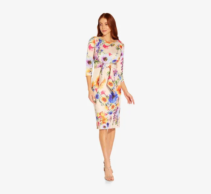 Adrianna Papell FloralPrint Tie Front MidiLength Sheath Dress In Praline Multi Praline Multi Women Midi Dresses Adrianna Papell FloralPrint Tie Front MidiLength Sheath Dress In Praline Multi Praline Multi Women Midi Dresses