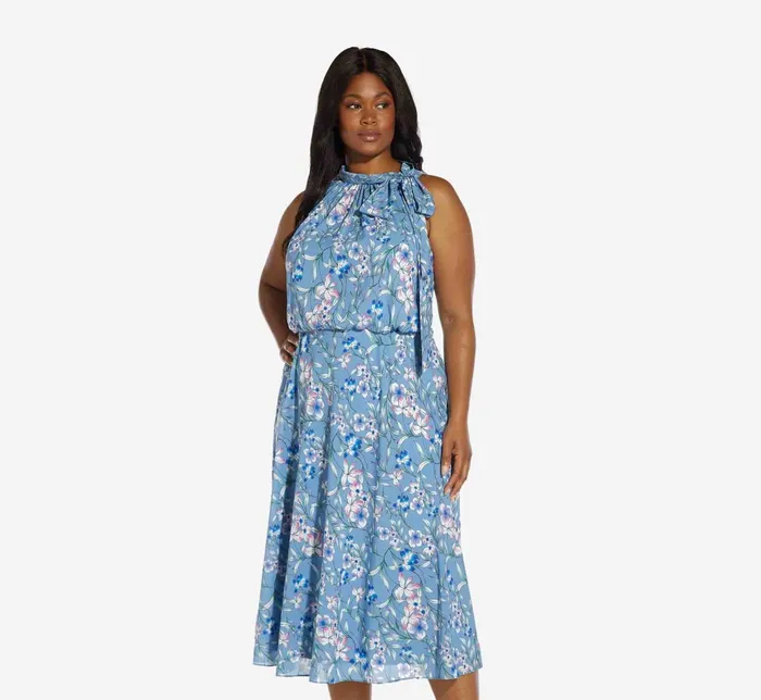 Adrianna Papell FloralPrint TieNeck MidiLength Chiffon Halter Dress In Blue Multi Blue Multi Women Floral Dresses Adrianna Papell FloralPrint TieNeck MidiLength Chiffon Halter Dress In Blue Multi Blue Multi Women Floral Dresses