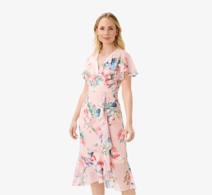 Adrianna Papell FloralPrint Twill Ruffled MidiLength Faux Wrap Dress In Rose Multi Rose Multi Women Floral Dresses Adrianna Papell FloralPrint Twill Ruffled MidiLength Faux Wrap Dress In Rose Multi Rose Multi Women Floral Dresses