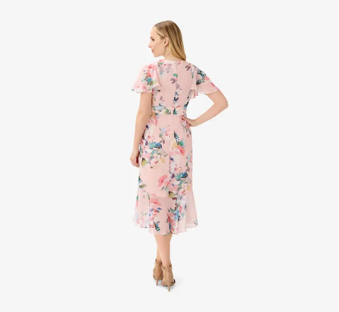 Adrianna Papell FloralPrint Twill Ruffled MidiLength Faux Wrap Dress In Rose Multi Rose Multi Women Floral Dresses Adrianna Papell FloralPrint Twill Ruffled MidiLength Faux Wrap Dress In Rose Multi Rose Multi Women Floral Dresses