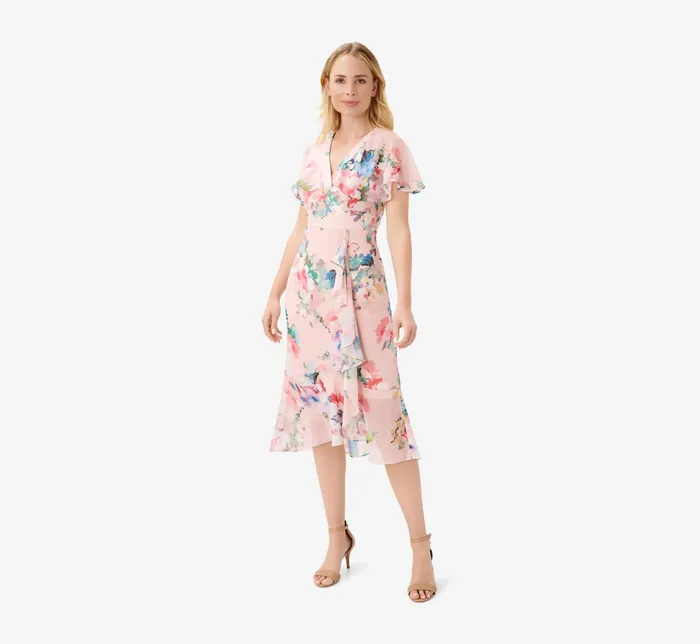 Adrianna Papell FloralPrint Twill Ruffled MidiLength Faux Wrap Dress In Rose Multi Rose Multi Women Floral Dresses Adrianna Papell FloralPrint Twill Ruffled MidiLength Faux Wrap Dress In Rose Multi Rose Multi Women Floral Dresses