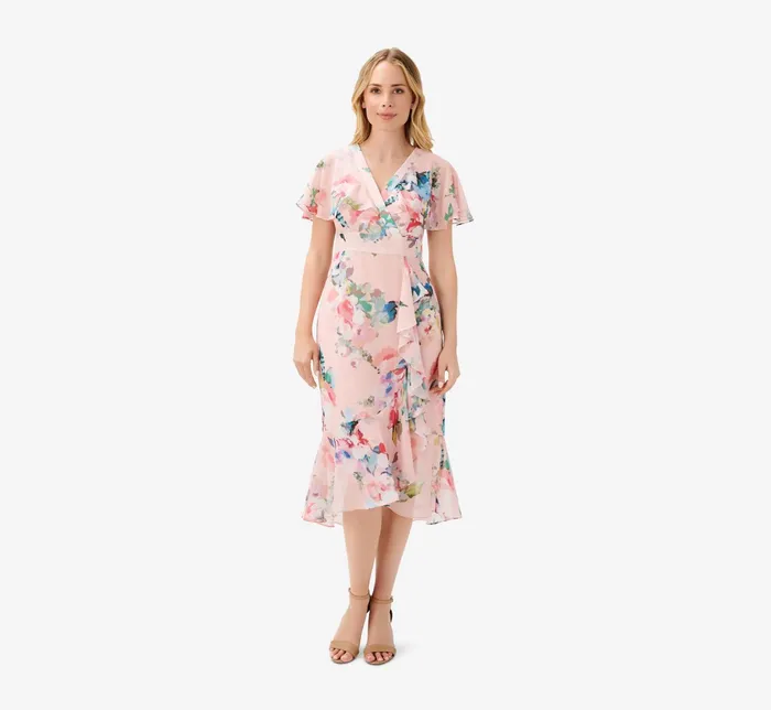 Adrianna Papell FloralPrint Twill Ruffled MidiLength Faux Wrap Dress In Rose Multi Rose Multi Women Floral Dresses Adrianna Papell FloralPrint Twill Ruffled MidiLength Faux Wrap Dress In Rose Multi Rose Multi Women Floral Dresses