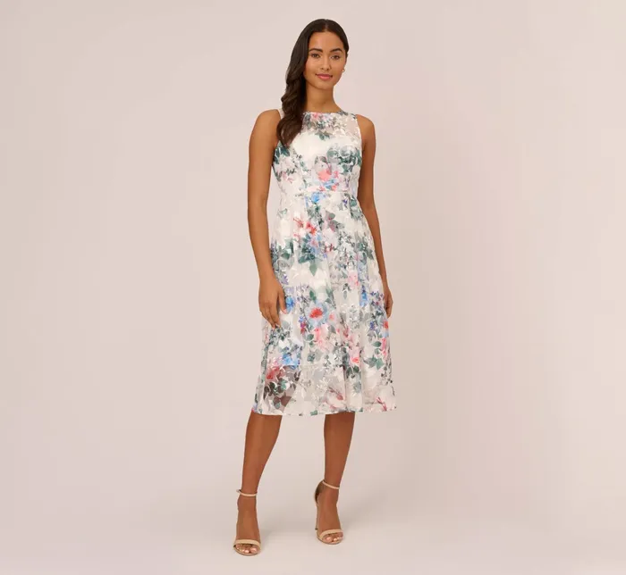 Adrianna Papell Floral Printed Sleeveless Midi Dress With Sheer Details In Ivory Multi Ivory Multi Women Cocktail Dresses Adrianna Papell Floral Printed Sleeveless Midi Dress With Sheer Details In Ivory Multi Ivory Multi Women Cocktail Dresses