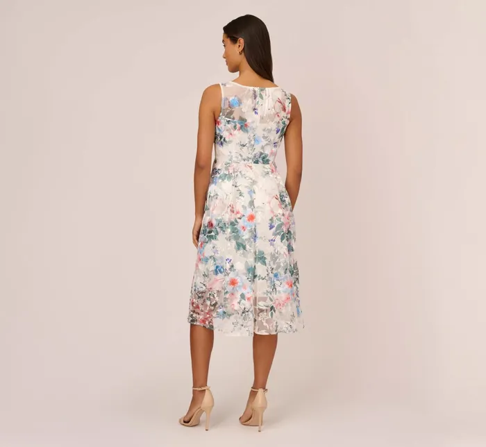 Adrianna Papell Floral Printed Sleeveless Midi Dress With Sheer Details In Ivory Multi Ivory Multi Women Cocktail Dresses Adrianna Papell Floral Printed Sleeveless Midi Dress With Sheer Details In Ivory Multi Ivory Multi Women Cocktail Dresses
