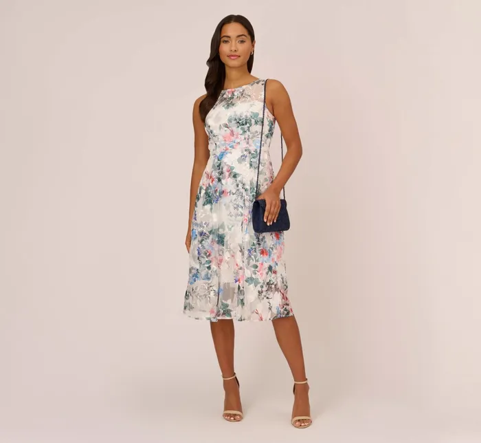 Adrianna Papell Floral Printed Sleeveless Midi Dress With Sheer Details In Ivory Multi Ivory Multi Women Cocktail Dresses Adrianna Papell Floral Printed Sleeveless Midi Dress With Sheer Details In Ivory Multi Ivory Multi Women Cocktail Dresses