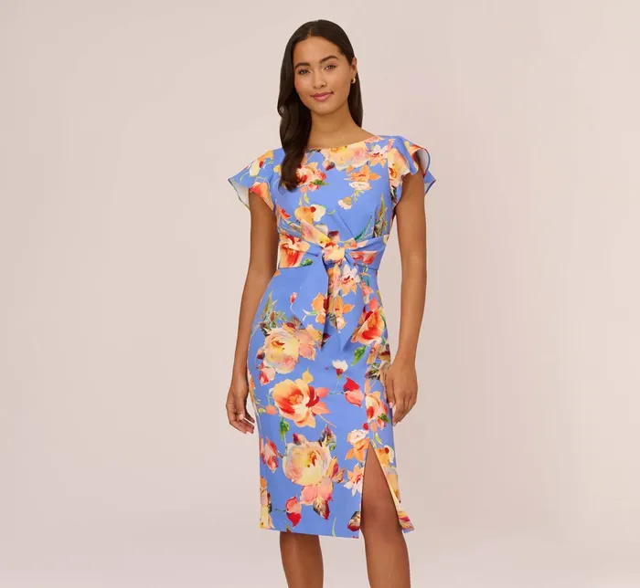 Adrianna Papell Flutter Sleeve Floral Print Dress With Tie Front In Peri Multi Peri Multi Women Midi Dresses Adrianna Papell Flutter Sleeve Floral Print Dress With Tie Front In Peri Multi Peri Multi Women Midi Dresses