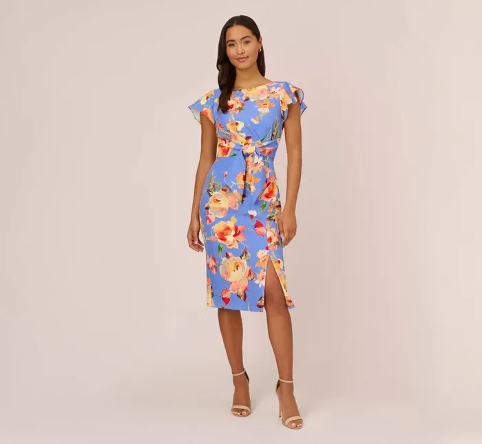 Adrianna Papell Flutter Sleeve Floral Print Dress With Tie Front In Peri Multi Peri Multi Women Midi Dresses Adrianna Papell Flutter Sleeve Floral Print Dress With Tie Front In Peri Multi Peri Multi Women Midi Dresses