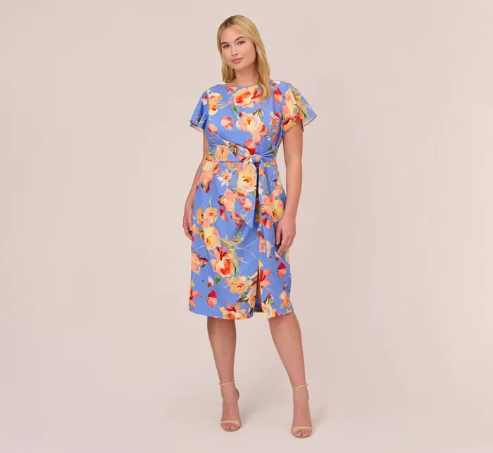 Adrianna Papell Flutter Sleeve Floral Print Dress With Tie Front In Peri Multi Peri Multi Women Midi Dresses Adrianna Papell Flutter Sleeve Floral Print Dress With Tie Front In Peri Multi Peri Multi Women Midi Dresses