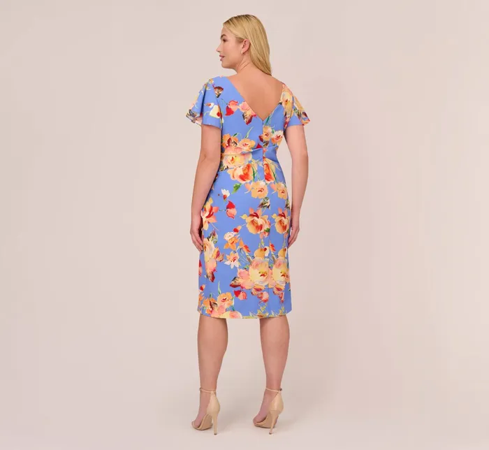 Adrianna Papell Flutter Sleeve Floral Print Dress With Tie Front In Peri Multi Peri Multi Women Midi Dresses Adrianna Papell Flutter Sleeve Floral Print Dress With Tie Front In Peri Multi Peri Multi Women Midi Dresses