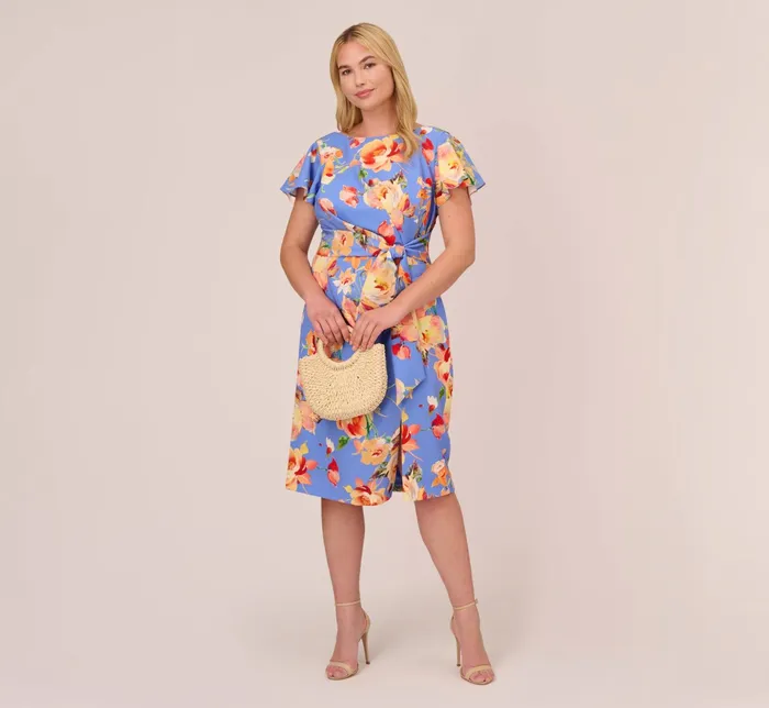 Adrianna Papell Flutter Sleeve Floral Print Dress With Tie Front In Peri Multi Peri Multi Women Midi Dresses Adrianna Papell Flutter Sleeve Floral Print Dress With Tie Front In Peri Multi Peri Multi Women Midi Dresses