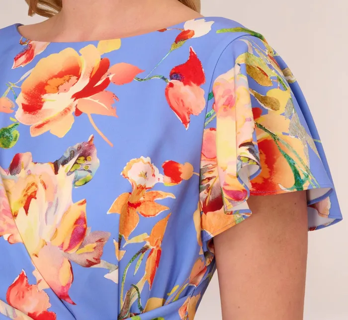 Adrianna Papell Flutter Sleeve Floral Print Dress With Tie Front In Peri Multi Peri Multi Women Midi Dresses Adrianna Papell Flutter Sleeve Floral Print Dress With Tie Front In Peri Multi Peri Multi Women Midi Dresses
