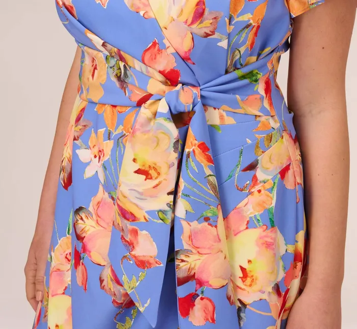 Adrianna Papell Flutter Sleeve Floral Print Dress With Tie Front In Peri Multi Peri Multi Women Midi Dresses Adrianna Papell Flutter Sleeve Floral Print Dress With Tie Front In Peri Multi Peri Multi Women Midi Dresses