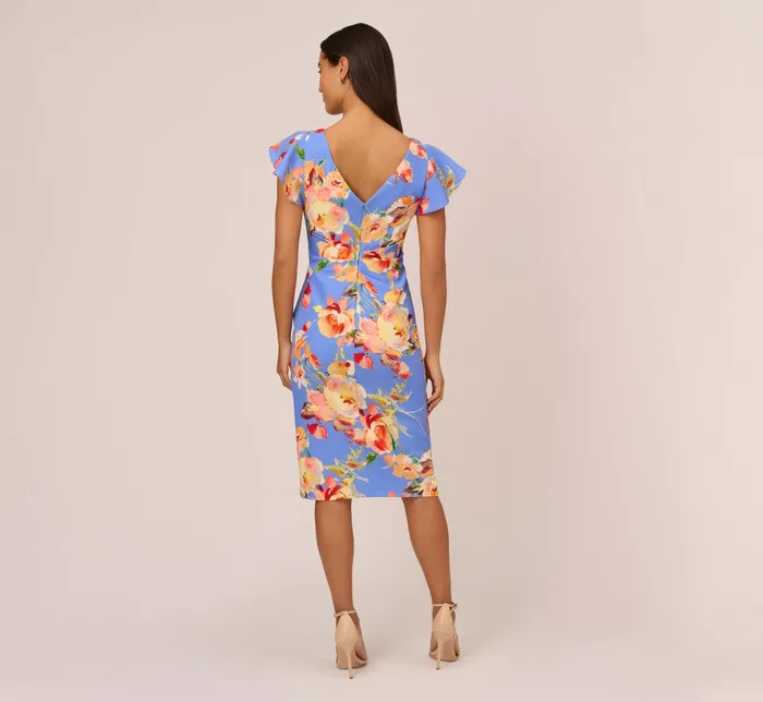 Adrianna Papell Flutter Sleeve Floral Print Dress With Tie Front In Peri Multi Peri Multi Women Midi Dresses Adrianna Papell Flutter Sleeve Floral Print Dress With Tie Front In Peri Multi Peri Multi Women Midi Dresses