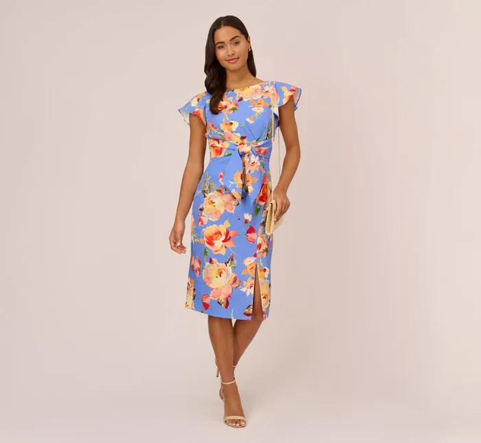 Adrianna Papell Flutter Sleeve Floral Print Dress With Tie Front In Peri Multi Peri Multi Women Midi Dresses Adrianna Papell Flutter Sleeve Floral Print Dress With Tie Front In Peri Multi Peri Multi Women Midi Dresses