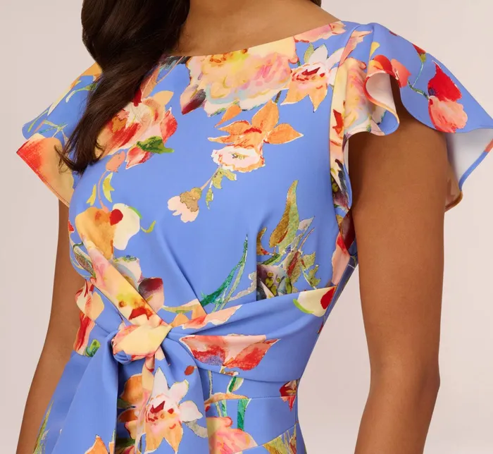 Adrianna Papell Flutter Sleeve Floral Print Dress With Tie Front In Peri Multi Peri Multi Women Midi Dresses Adrianna Papell Flutter Sleeve Floral Print Dress With Tie Front In Peri Multi Peri Multi Women Midi Dresses