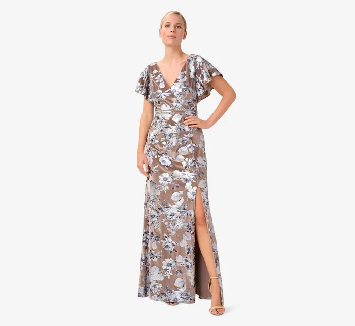Adrianna Papell Foil FloralPrint Velvet Long Gown In Taupe Taupe Women Floral Dresses Adrianna Papell Foil FloralPrint Velvet Long Gown In Taupe Taupe Women Floral Dresses