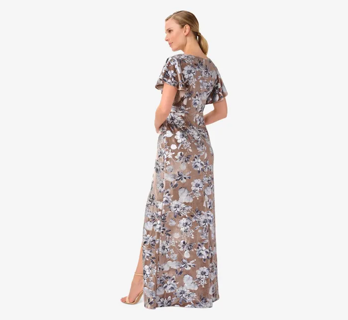 Adrianna Papell Foil FloralPrint Velvet Long Gown In Taupe Taupe Women Floral Dresses Adrianna Papell Foil FloralPrint Velvet Long Gown In Taupe Taupe Women Floral Dresses