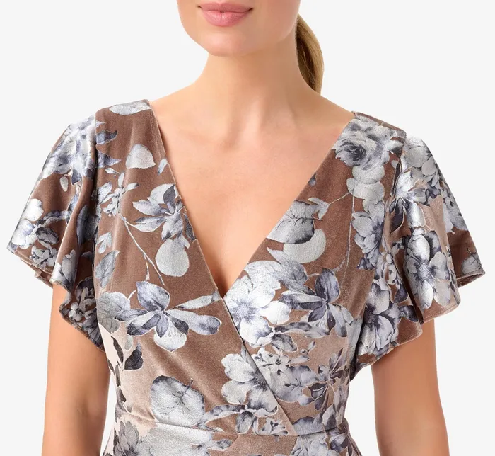 Adrianna Papell Foil FloralPrint Velvet Long Gown In Taupe Taupe Women Floral Dresses Adrianna Papell Foil FloralPrint Velvet Long Gown In Taupe Taupe Women Floral Dresses