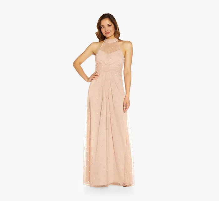 Adrianna Papell Glitter Dot Illusion Halter Long Gown In Mellow Blush Mellow Blush Women Long Dresses Adrianna Papell Glitter Dot Illusion Halter Long Gown In Mellow Blush Mellow Blush Women Long Dresses
