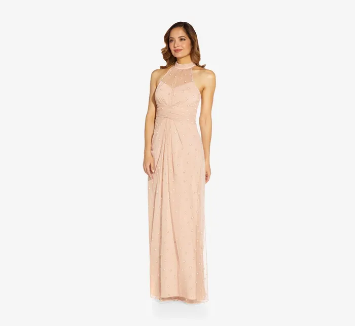 Adrianna Papell Glitter Dot Illusion Halter Long Gown In Mellow Blush Mellow Blush Women Long Dresses Adrianna Papell Glitter Dot Illusion Halter Long Gown In Mellow Blush Mellow Blush Women Long Dresses