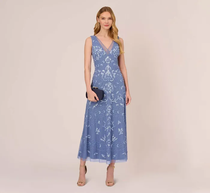 Adrianna Papell HandBeaded AnkleLength Dress In French Blue French Blue Women Long Dresses Adrianna Papell HandBeaded AnkleLength Dress In French Blue French Blue Women Long Dresses