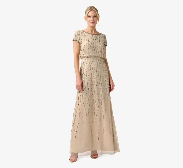 Adrianna Papell HandBeaded Blouson Long Gown In Champagne Gold ChampagneGold Women Formal Dresses Adrianna Papell HandBeaded Blouson Long Gown In Champagne Gold ChampagneGold Women Formal Dresses