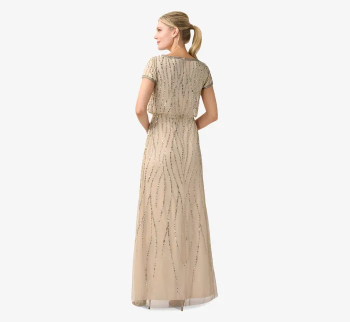 Adrianna Papell HandBeaded Blouson Long Gown In Champagne Gold ChampagneGold Women Formal Dresses Adrianna Papell HandBeaded Blouson Long Gown In Champagne Gold ChampagneGold Women Formal Dresses