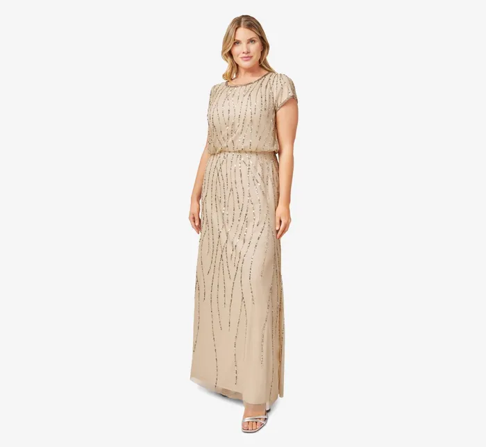 Adrianna Papell HandBeaded Blouson Long Gown In Champagne Gold ChampagneGold Women Formal Dresses Adrianna Papell HandBeaded Blouson Long Gown In Champagne Gold ChampagneGold Women Formal Dresses