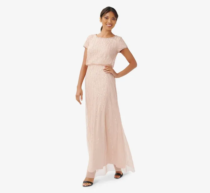 Adrianna Papell HandBeaded Blouson Long Gown In Champagne Gold ChampagneGold Women Formal Dresses Adrianna Papell HandBeaded Blouson Long Gown In Champagne Gold ChampagneGold Women Formal Dresses