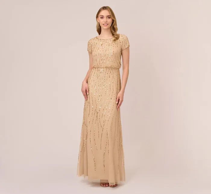 Adrianna Papell HandBeaded Blouson Long Gown In Champagne Gold ChampagneGold Women Formal Dresses Adrianna Papell HandBeaded Blouson Long Gown In Champagne Gold ChampagneGold Women Formal Dresses