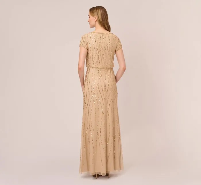 Adrianna Papell HandBeaded Blouson Long Gown In Champagne Gold ChampagneGold Women Formal Dresses Adrianna Papell HandBeaded Blouson Long Gown In Champagne Gold ChampagneGold Women Formal Dresses