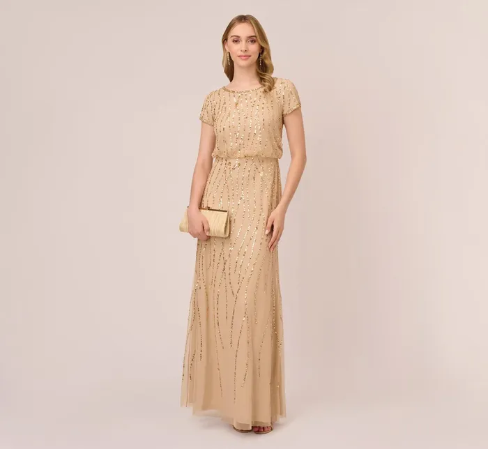 Adrianna Papell HandBeaded Blouson Long Gown In Champagne Gold ChampagneGold Women Formal Dresses Adrianna Papell HandBeaded Blouson Long Gown In Champagne Gold ChampagneGold Women Formal Dresses