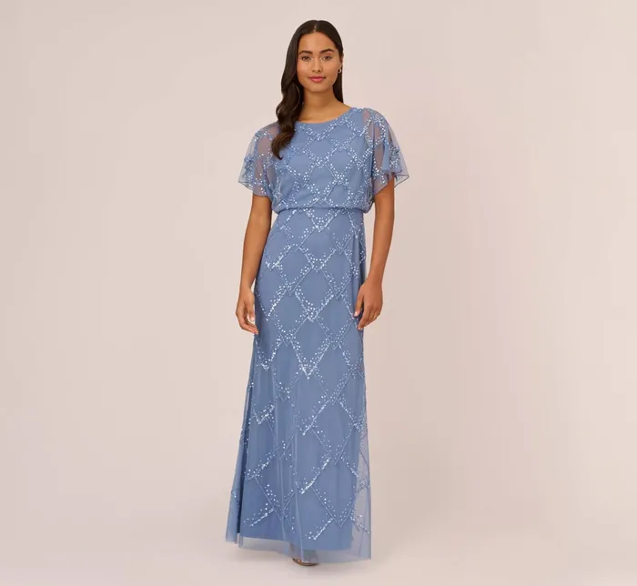 Adrianna Papell HandBeaded Blouson Long Gown With Flutter Sleeves In French Blue French Blue Women Long Dresses Adrianna Papell HandBeaded Blouson Long Gown With Flutter Sleeves In French Blue French Blue Women Long Dresses