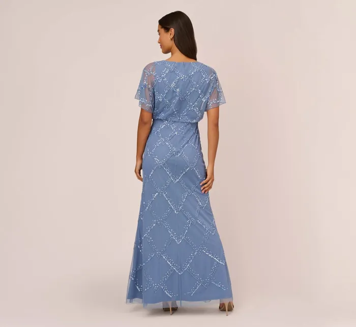 Adrianna Papell HandBeaded Blouson Long Gown With Flutter Sleeves In French Blue French Blue Women Long Dresses Adrianna Papell HandBeaded Blouson Long Gown With Flutter Sleeves In French Blue French Blue Women Long Dresses
