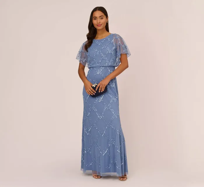 Adrianna Papell HandBeaded Blouson Long Gown With Flutter Sleeves In French Blue French Blue Women Long Dresses Adrianna Papell HandBeaded Blouson Long Gown With Flutter Sleeves In French Blue French Blue Women Long Dresses