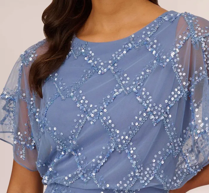 Adrianna Papell HandBeaded Blouson Long Gown With Flutter Sleeves In French Blue French Blue Women Long Dresses Adrianna Papell HandBeaded Blouson Long Gown With Flutter Sleeves In French Blue French Blue Women Long Dresses