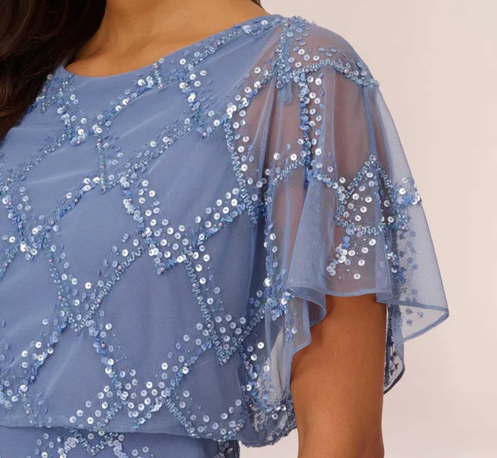 Adrianna Papell HandBeaded Blouson Long Gown With Flutter Sleeves In French Blue French Blue Women Long Dresses Adrianna Papell HandBeaded Blouson Long Gown With Flutter Sleeves In French Blue French Blue Women Long Dresses