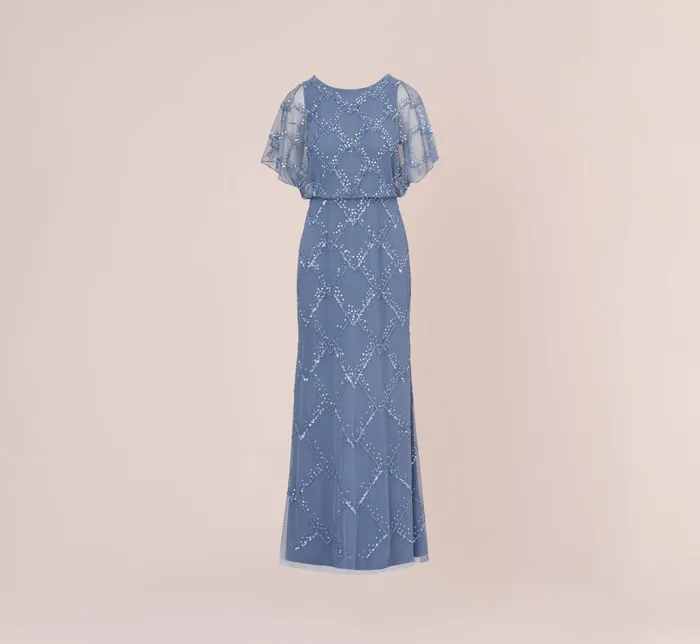 Adrianna Papell HandBeaded Blouson Long Gown With Flutter Sleeves In French Blue French Blue Women Long Dresses Adrianna Papell HandBeaded Blouson Long Gown With Flutter Sleeves In French Blue French Blue Women Long Dresses