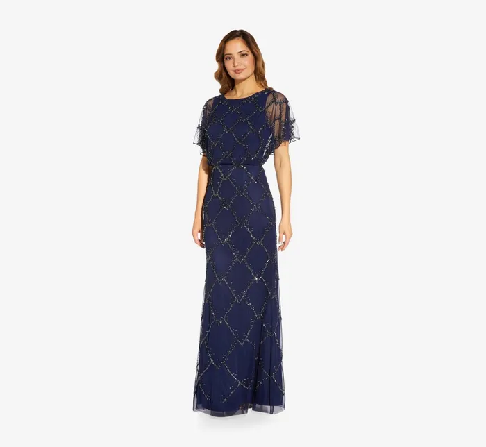 Adrianna Papell HandBeaded Blouson Long Gown With Flutter Sleeves In French Blue French Blue Women Long Dresses Adrianna Papell HandBeaded Blouson Long Gown With Flutter Sleeves In French Blue French Blue Women Long Dresses