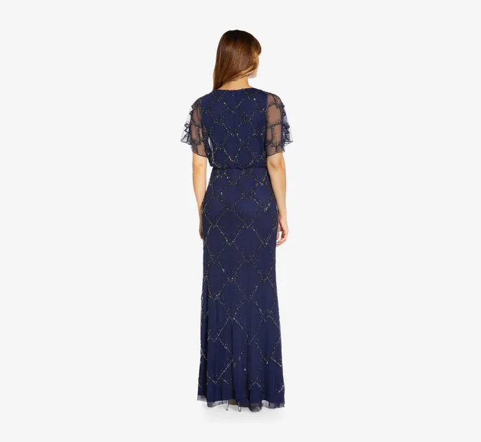 Adrianna Papell HandBeaded Blouson Long Gown With Flutter Sleeves In French Blue French Blue Women Long Dresses Adrianna Papell HandBeaded Blouson Long Gown With Flutter Sleeves In French Blue French Blue Women Long Dresses