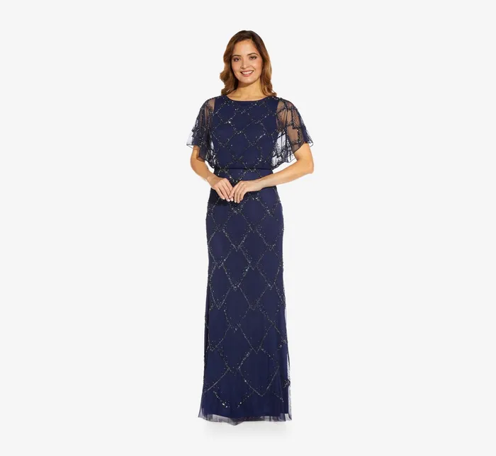 Adrianna Papell HandBeaded Blouson Long Gown With Flutter Sleeves In French Blue French Blue Women Long Dresses Adrianna Papell HandBeaded Blouson Long Gown With Flutter Sleeves In French Blue French Blue Women Long Dresses
