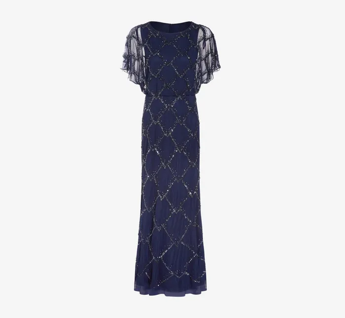 Adrianna Papell HandBeaded Blouson Long Gown With Flutter Sleeves In French Blue French Blue Women Long Dresses Adrianna Papell HandBeaded Blouson Long Gown With Flutter Sleeves In French Blue French Blue Women Long Dresses