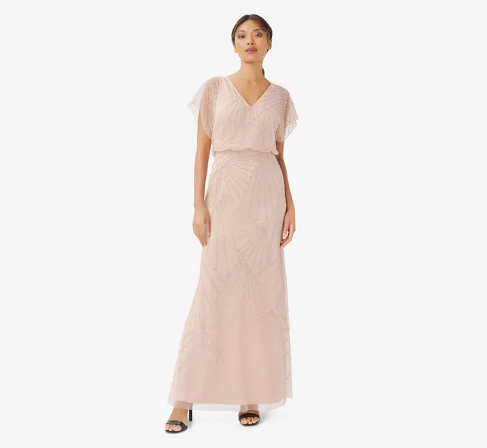 Adrianna Papell HandBeaded Blouson Long Gown With Flutter Sleeves In Nude Nude Women Long Dresses Adrianna Papell HandBeaded Blouson Long Gown With Flutter Sleeves In Nude Nude Women Long Dresses