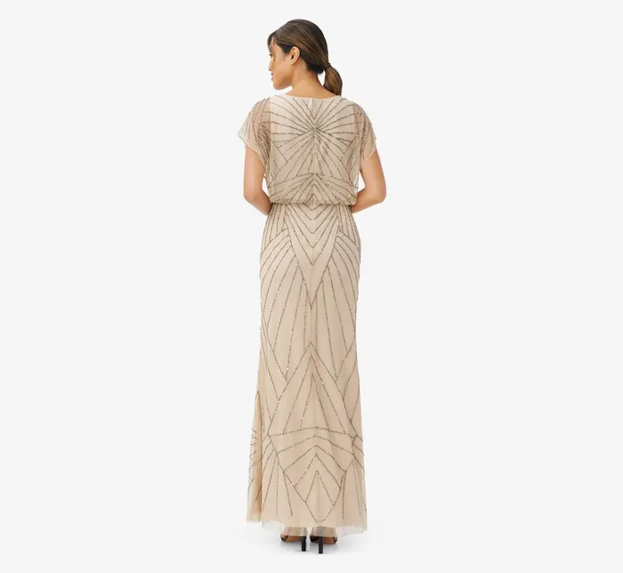 Adrianna Papell HandBeaded Blouson Long Gown With Flutter Sleeves In Nude Nude Women Long Dresses Adrianna Papell HandBeaded Blouson Long Gown With Flutter Sleeves In Nude Nude Women Long Dresses