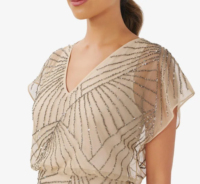 Adrianna Papell HandBeaded Blouson Long Gown With Flutter Sleeves In Nude Nude Women Long Dresses Adrianna Papell HandBeaded Blouson Long Gown With Flutter Sleeves In Nude Nude Women Long Dresses