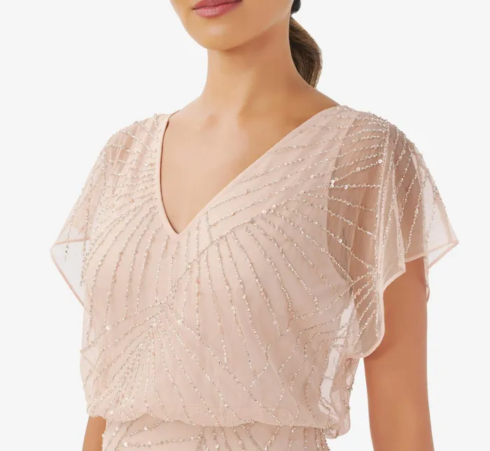Adrianna Papell HandBeaded Blouson Long Gown With Flutter Sleeves In Nude Nude Women Long Dresses Adrianna Papell HandBeaded Blouson Long Gown With Flutter Sleeves In Nude Nude Women Long Dresses